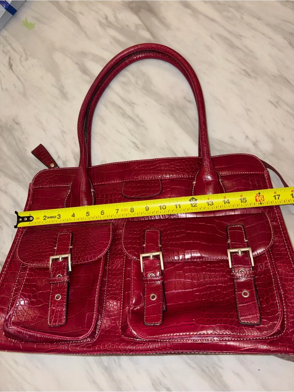 Red Croc Embossed Satchel Handbag 3 Buckle Pockets Structured Tote